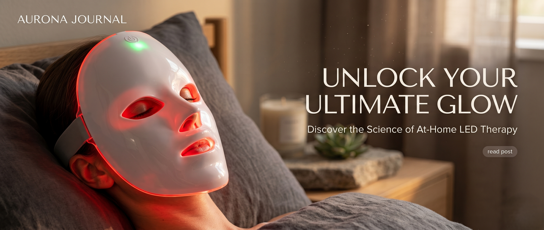 woman using LED face mask as part of modern nighttime skincare routine